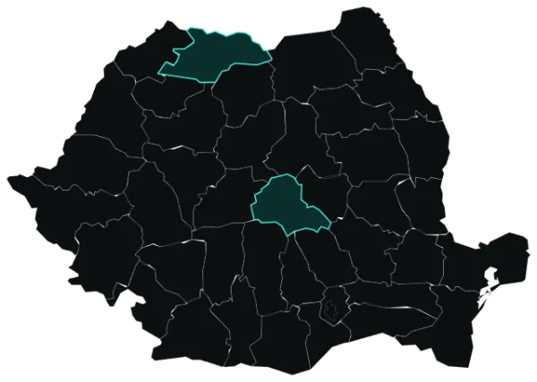 Harta României cu Baia Mare și Brașov evidențiate